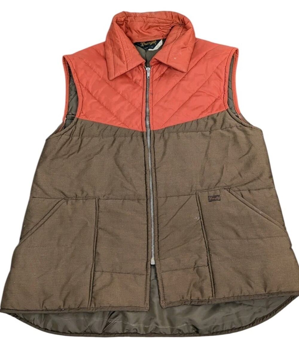 Men's Vintage 70’s Wrangler USA Made Puffer Vest Orange Brown Large Zip Up Z